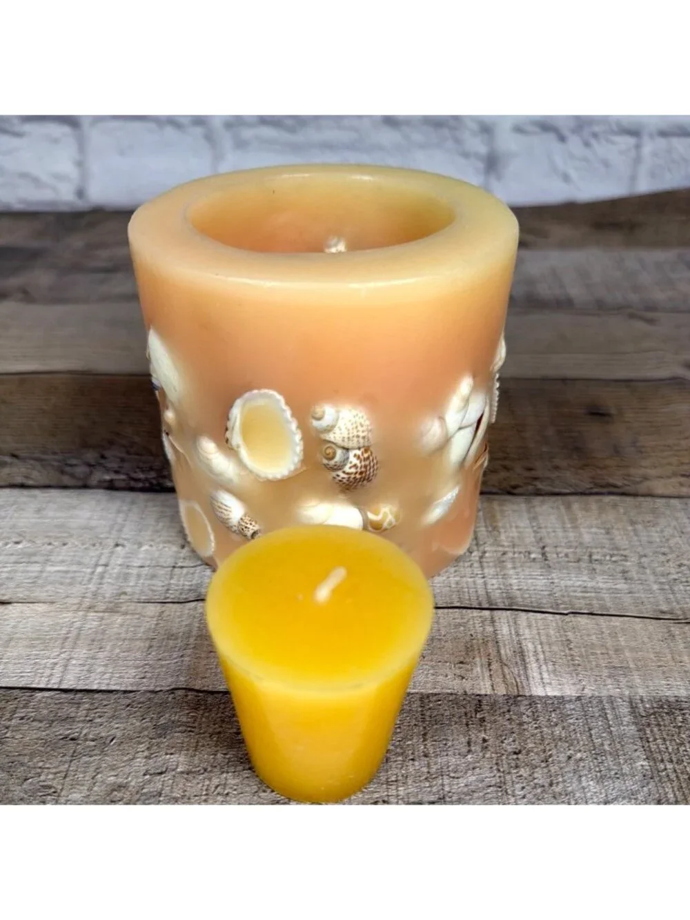 VTG Sea Shell Peach White Lantern Pillar Candle Florida Beach Nautical Coastal